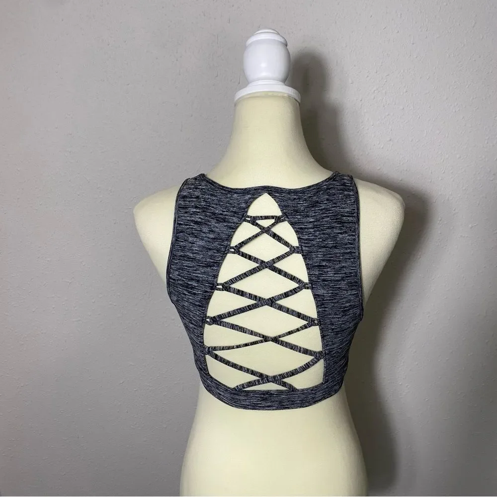Holister Open Back Chriscross Black & Gray Spacedye Spots Bra Women's Size M